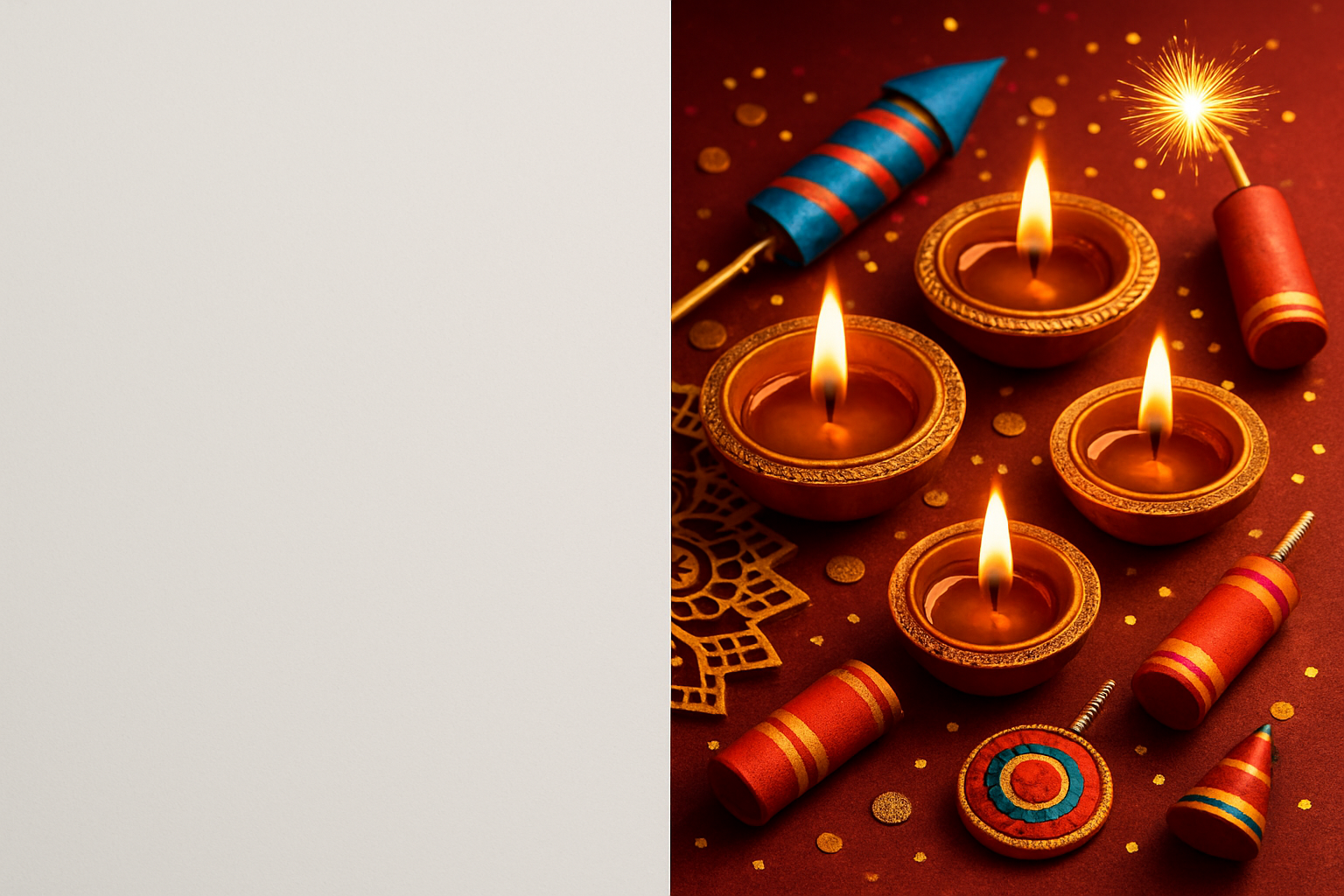 Half plain with diwali crackers and diya photo