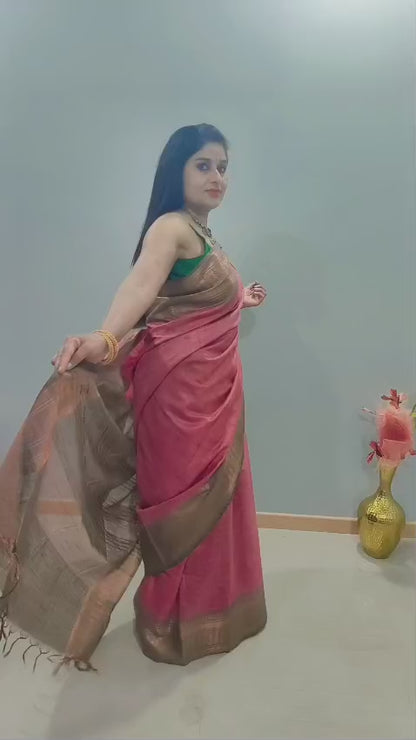 Silk Saree with wide golden border in dark pink and brown color